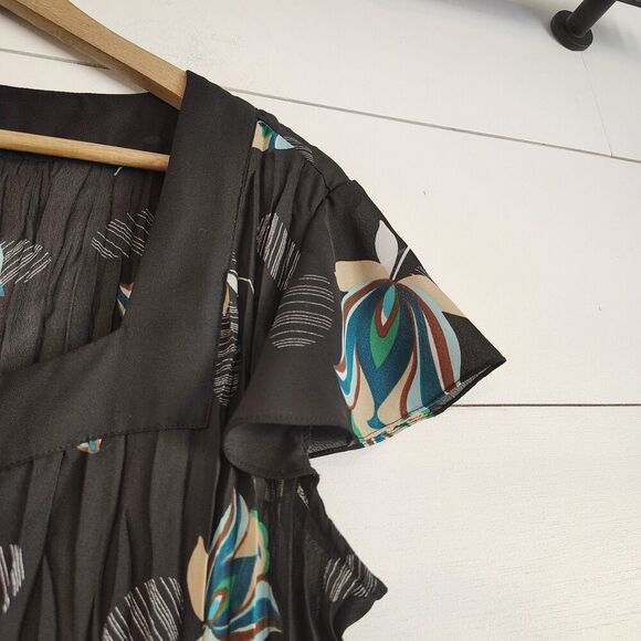 Y2K Square Neck Flutter Grunge Top XL Black Preppy Dark Dainty Pleated Floral - Picture 3 of 9